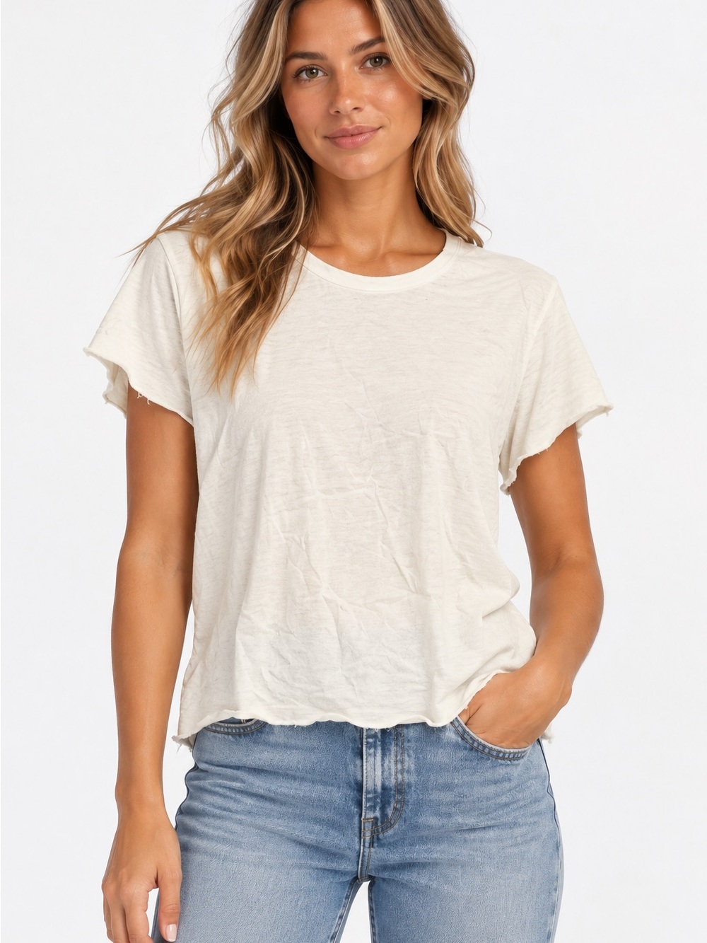 46. James Perse • $195 Cream Short Sleeve Crewneck Tee raw hem